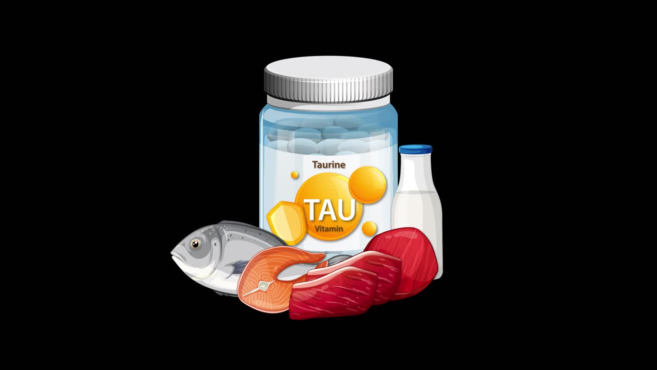 Taurine supplement bottle animates with fish, meat, egg, and milk on black background