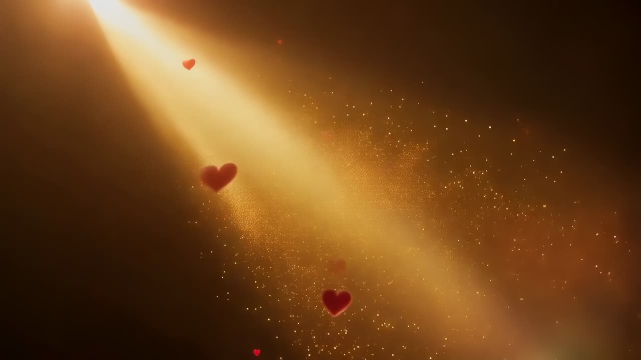 Drifting cluster of red heart shapes moving into center, drawn by top-left golden beam entering
