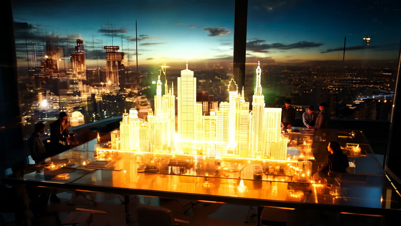 Futuristic City Planning Meeting at Sunset in Modern High-Rise. A group of professionals collaborates around a glowing city model, as sunset casts vibrant colors through floor-to-ceiling windows.