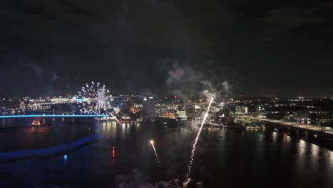 drone footage of fireworks at duval county. jacksonville florida event called duval de mayo on cinco de mayo celebration