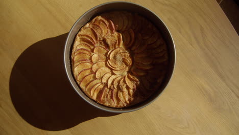 yummy homemade apple pie fresh out of the oven in a two-piece pan 4k sunlit