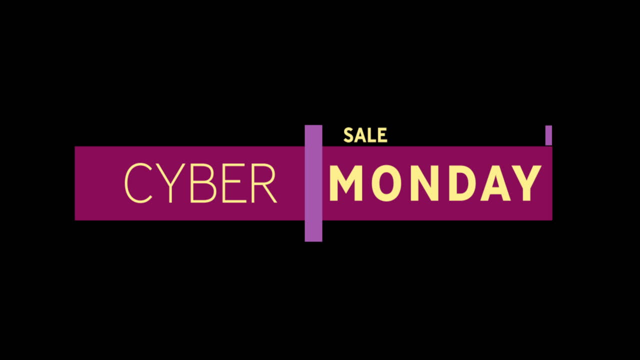 texto de venta de cyber monday amarillo y púrpura que aparece contra una pantalla negra