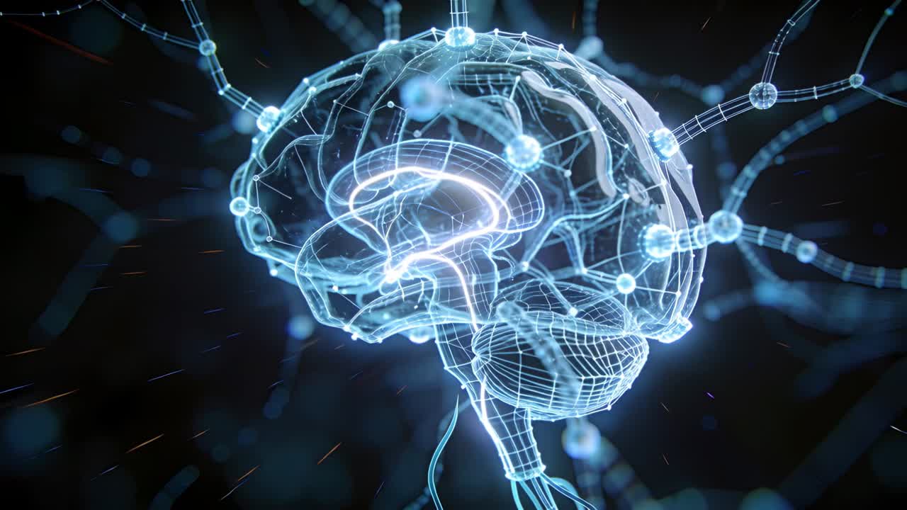 Appearing wireframe brain rotating in dark space, lighting rings brainstem cerebellum and nodes