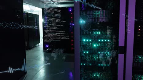 animación del globo, mapas, radares, lenguaje de computadora sobre bastidores de servidores de datos