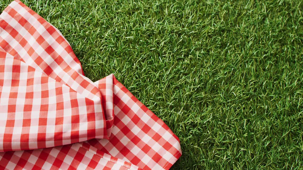 acercamiento de la manta a cuadros roja y blanca en la hierba con espacio de copia