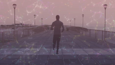 animation of moving shapes over african american man running on promenade