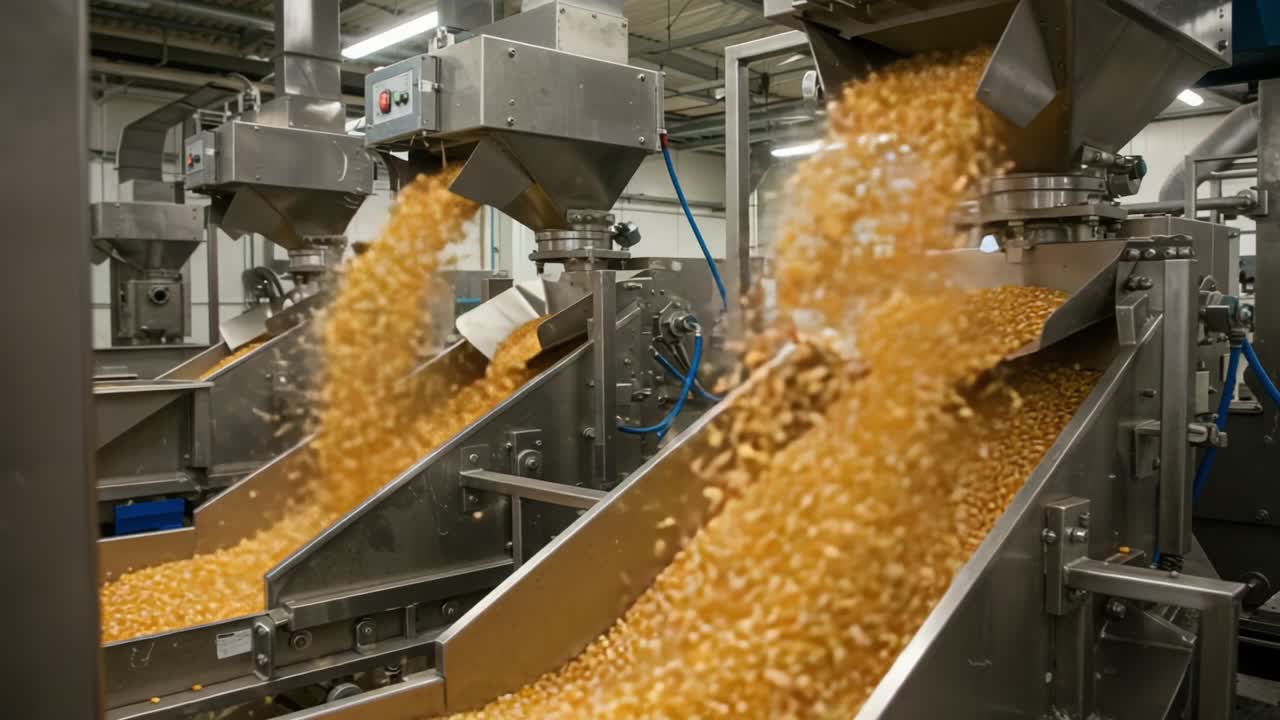 Automation in Grain Processing: A Dynamic Scene of Kernels Flowing from Industrial Machinery in a Modern Facility