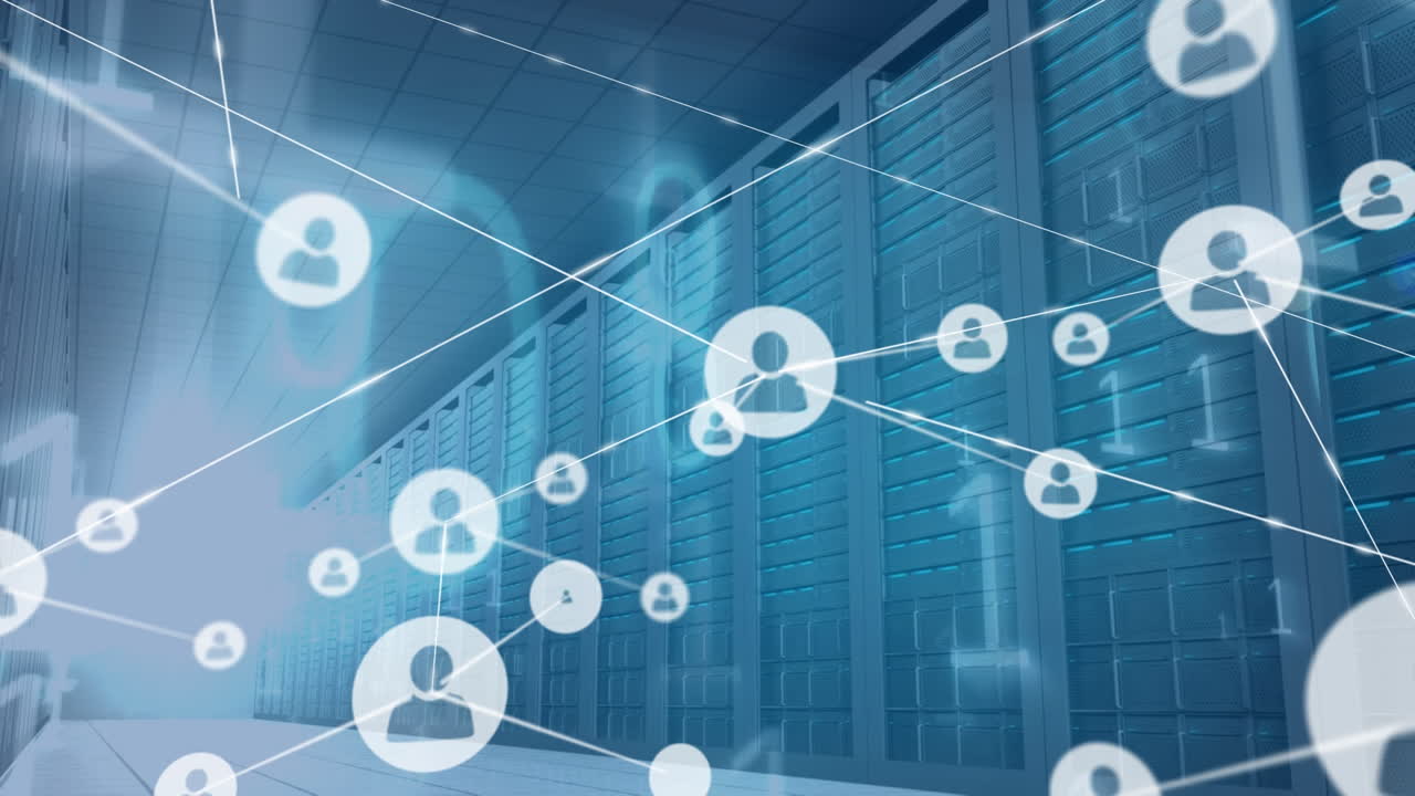 Animation of network of connections with people icons and binary coding over computer servers