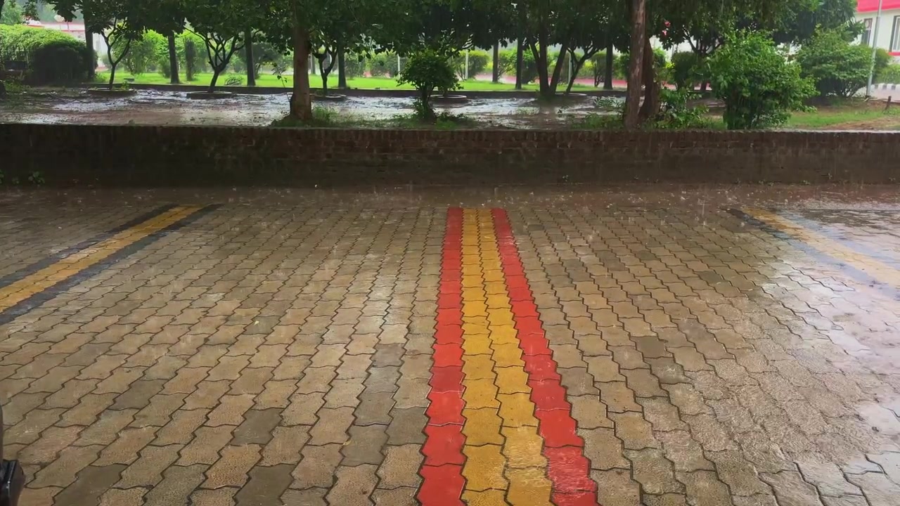 Tracking shot across wet brick pavement during heavy rain with colorful pathway markings and lush green trees in the background