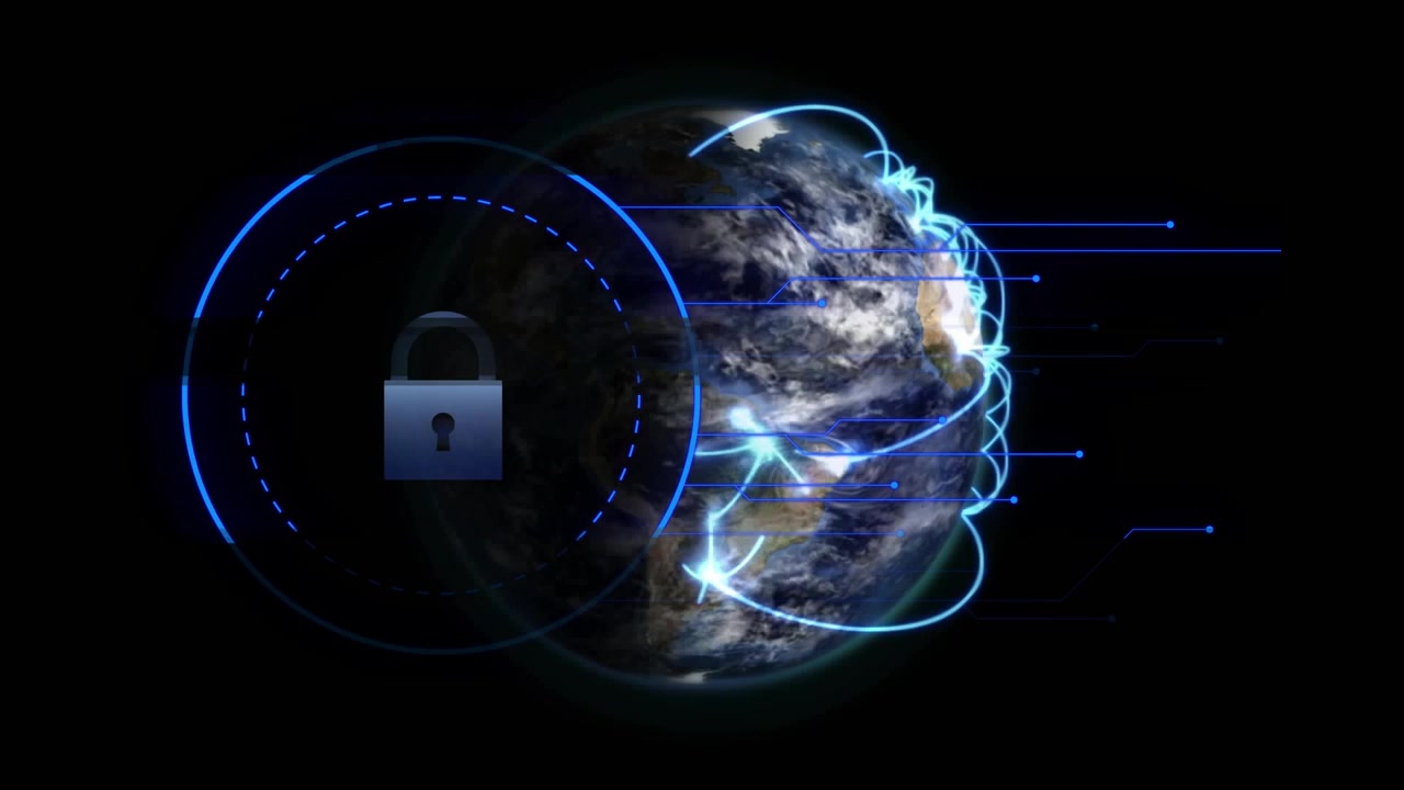 Rotating 3D Earth model starting arcs linking regions, growing ring revealing padlock securing data