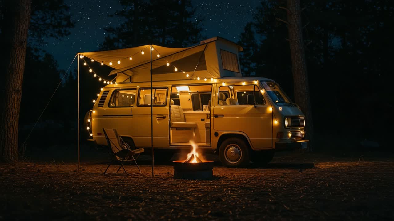 Cozy Camping Experience Under Starry Skies: A Vintage Van Illuminated by String Lights and a Warm Campfire, Perfect for Outdoor Adventures and Gatherings