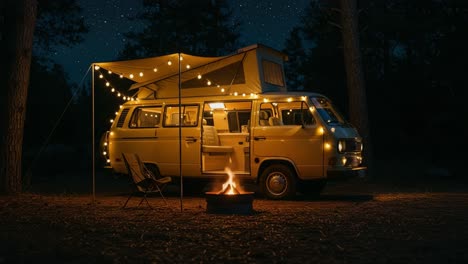 cozy camping experience under starry skies: a vintage van illuminated by string lights and a warm campfire, perfect for outdoor adventures and gatherings