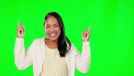 Smile,-face-and-woman-on-green-screen-studio