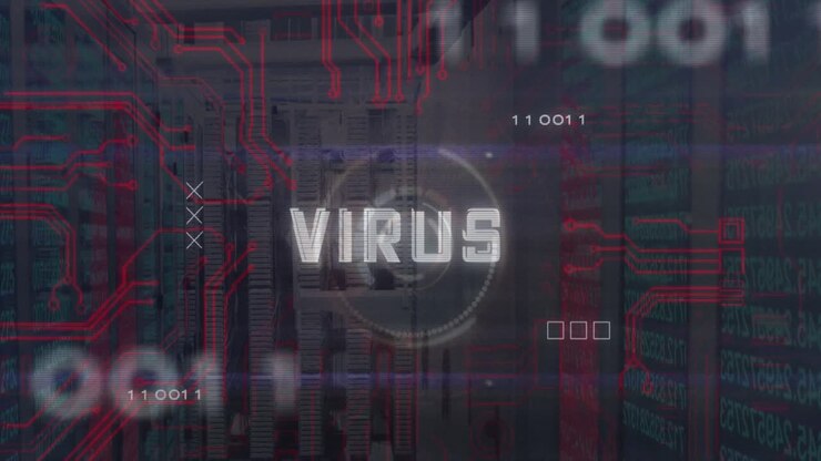 Animation of virus text on circles, circuit board pattern, binary codes, numbers on server room