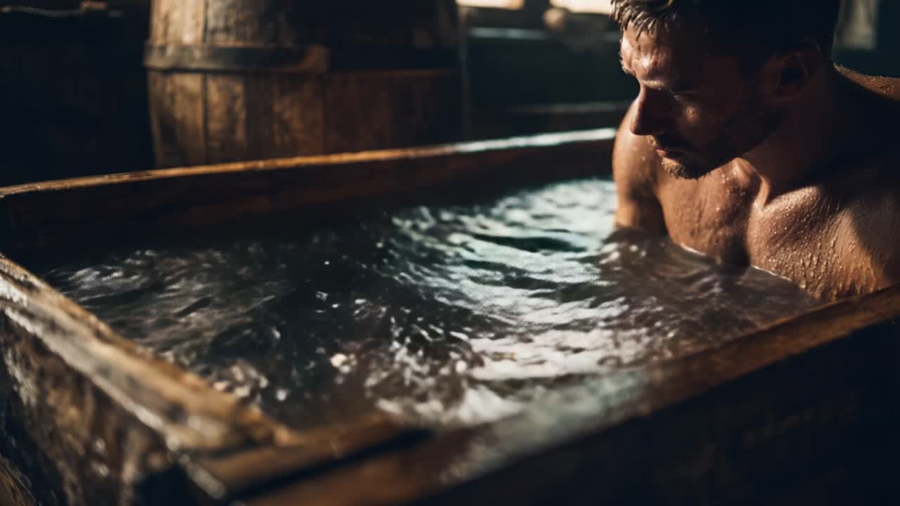 A Reflective Moment of Solitude: A Man Contemplates While Relaxing in a Wooden Tub Filled with Water, Surrounded by Rustic Surroundings