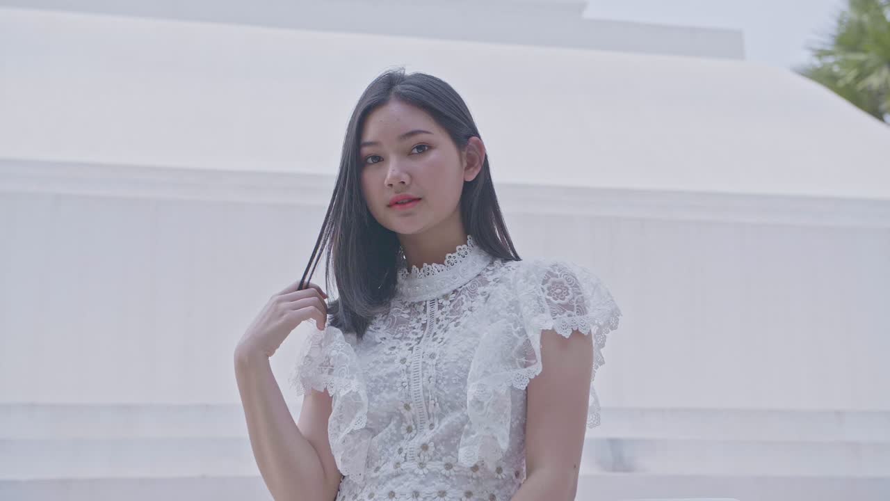 Asian Girl Pose And Looking At Camera, Slow Motion