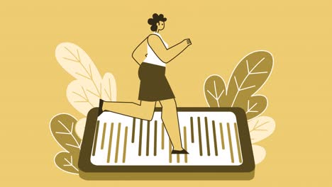 personaje plano de estilo mujer amarilla que se ejecuta en el teléfono inteligente. animación de bucle aislado con canal alfa