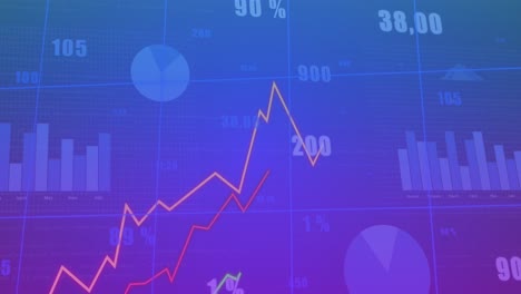 animación de gráfico en crecimiento sobre números cambiantes y gráficos múltiples en fondo azul