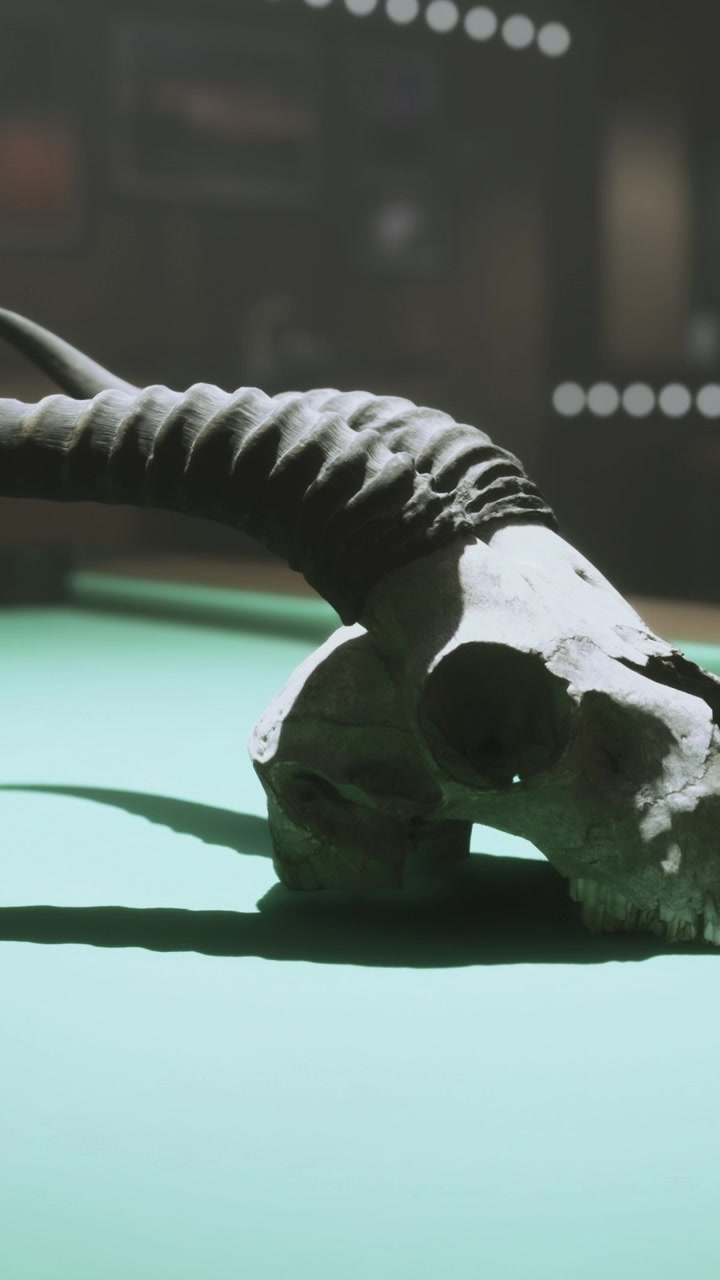 Skull with horns placed on a green surface inside a dark room