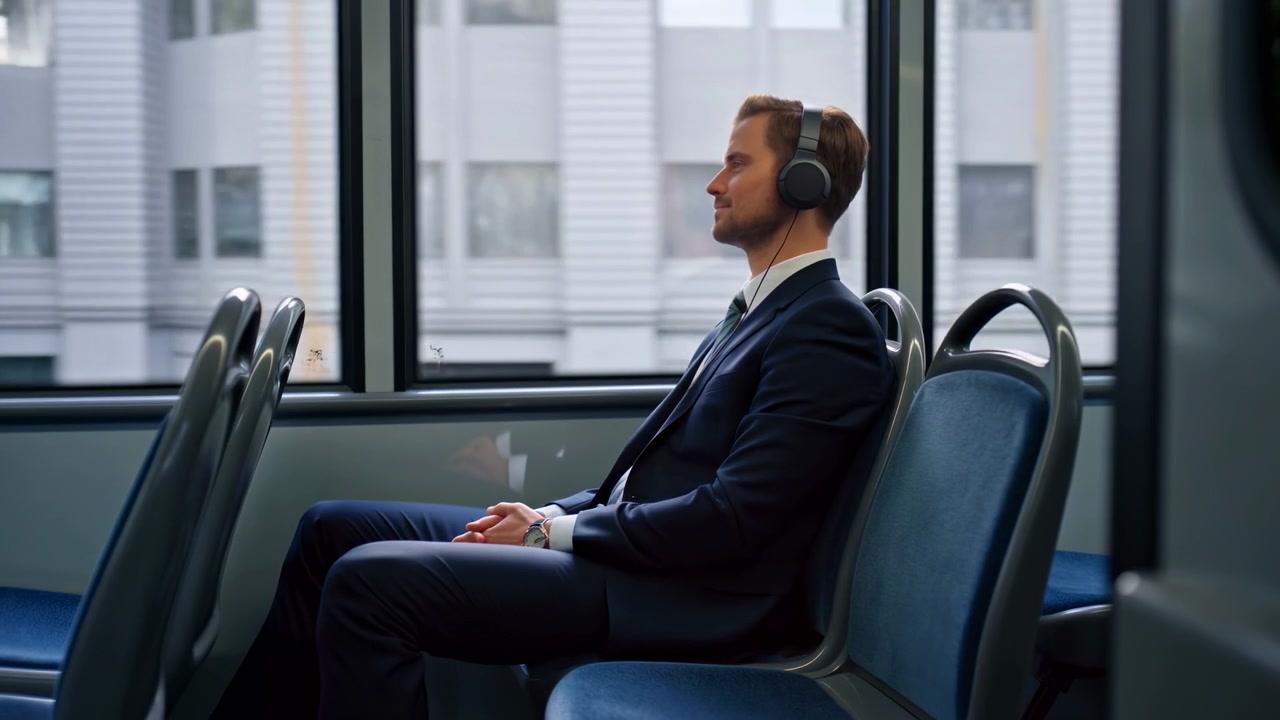 Un tranquillo uomo d'affari in abito scuro siede vicino al finestrino su un mezzo di trasporto pubblico indossando cuffie over-ear, con sedili blu, corrimano in metallo e viste diurne della città all'esterno.