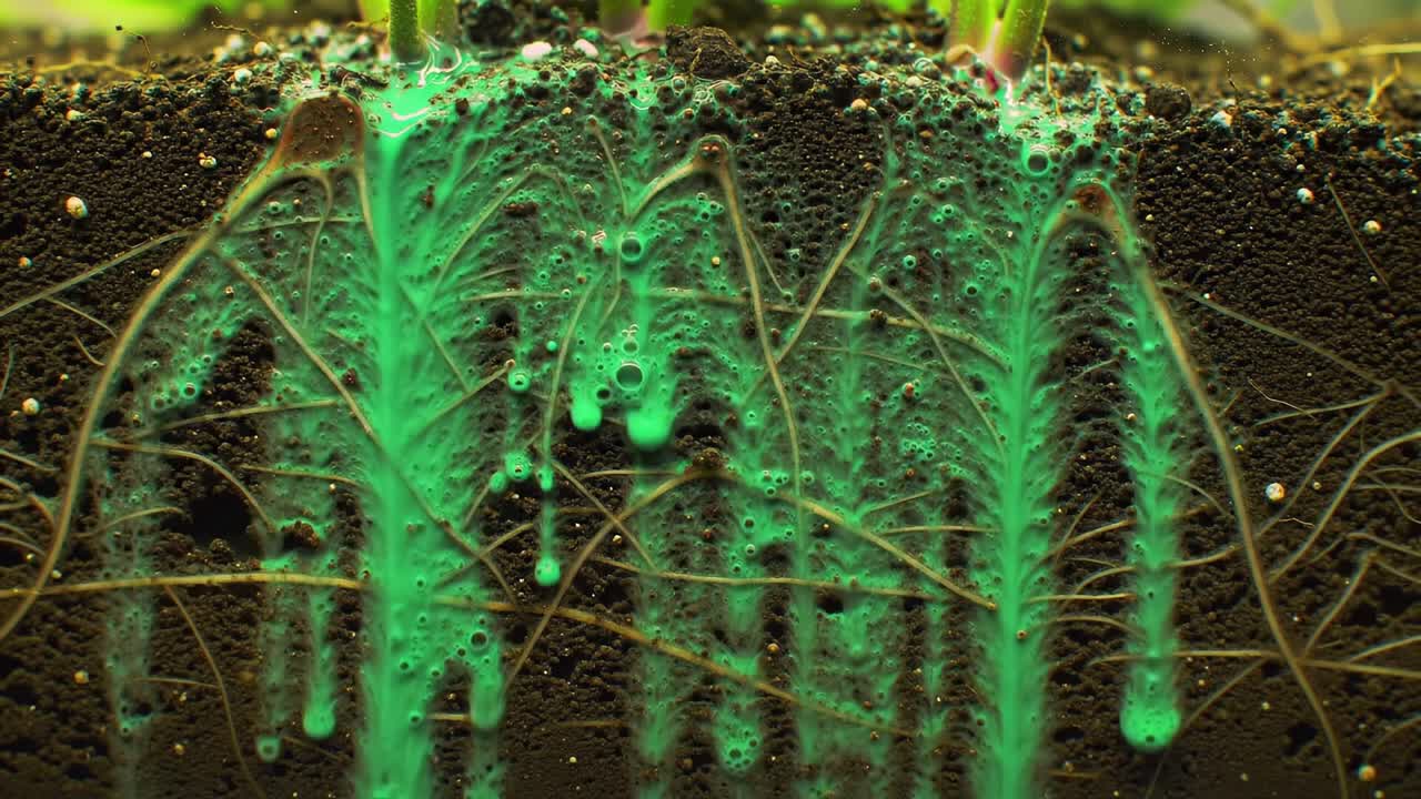 A Captivating Close-Up of Vivid Green Liquid Flowing Through Soil: An Exploration of Roots and Nutrient Absorption in an Unusual Growing Environment