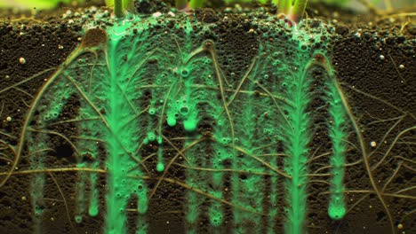 a captivating close-up of vivid green liquid flowing through soil: an exploration of roots and nutrient absorption in an unusual growing environment
