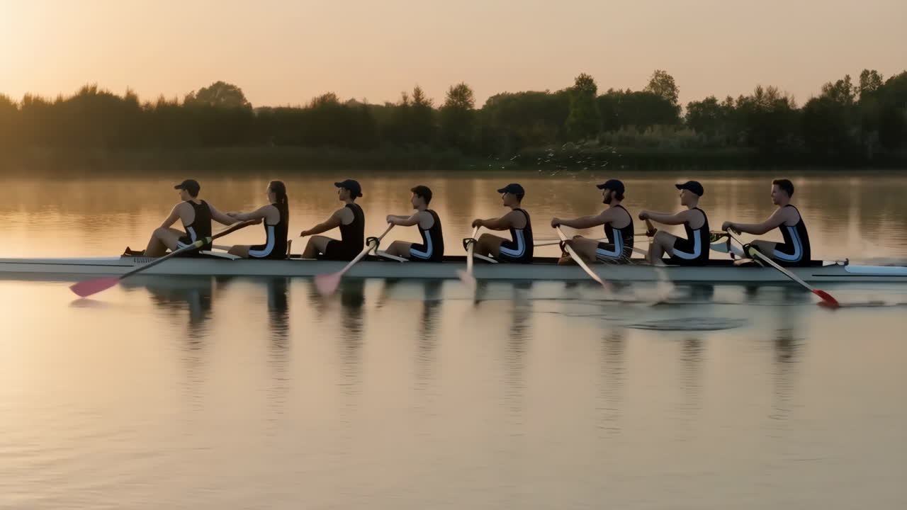Eight-Man Rowing Crew on a Calm Lake at Sunrise