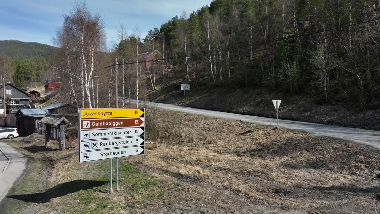 intersección con señales de tráfico a juvasshytta y el pico de la montaña más alta de noruega galdhopiggen