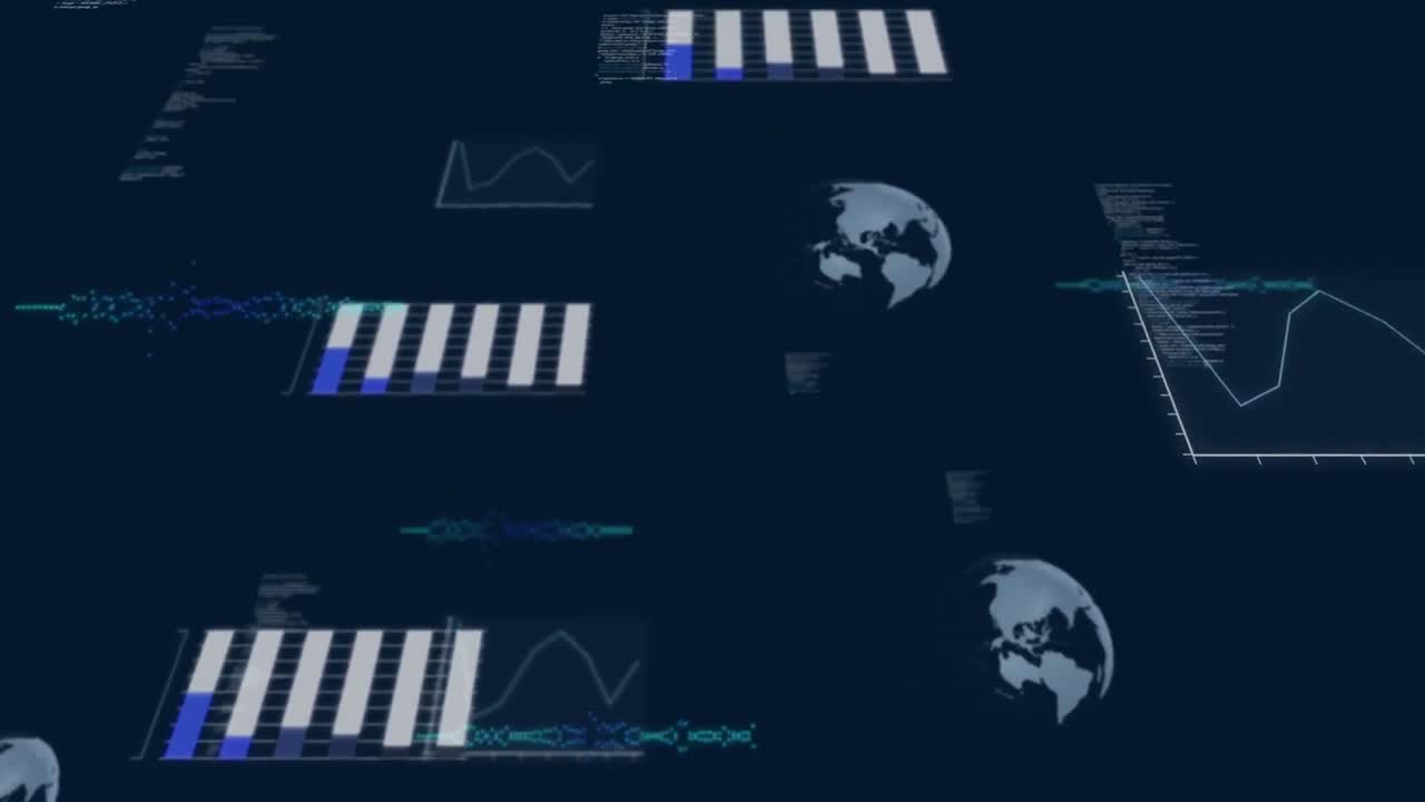 Animation of globes and computer data processing over dark background