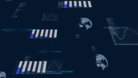 animation of globes and computer data processing over dark background