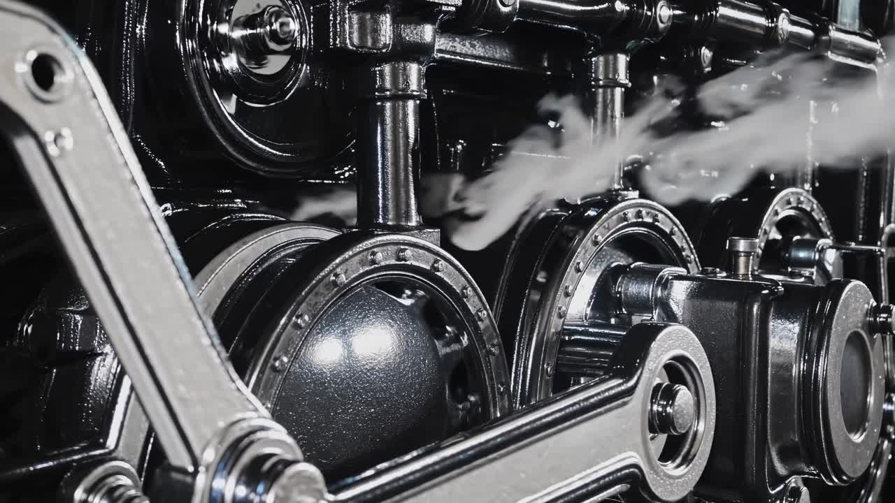 Close-up video shot of a steam engine's intricate metal gears and pistons, captured from a low