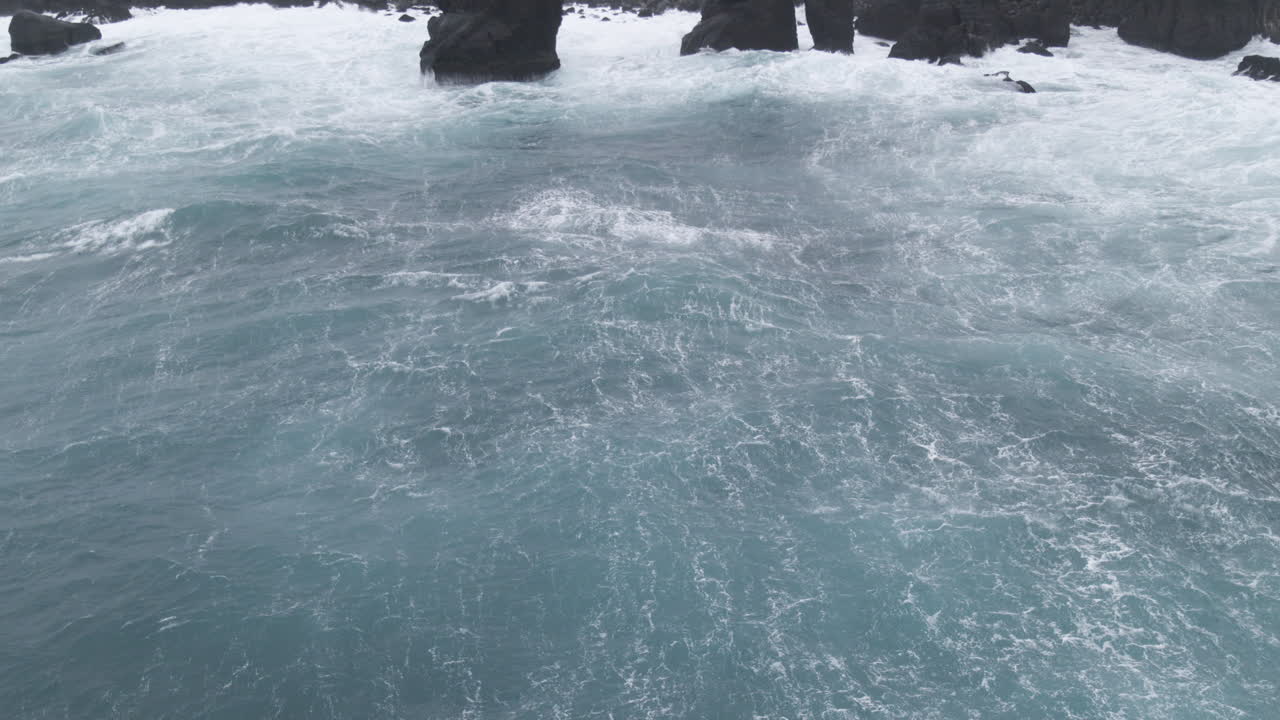 Aerial view of the black volcanic beach in Iceland and troll's feet rocks in the sea
