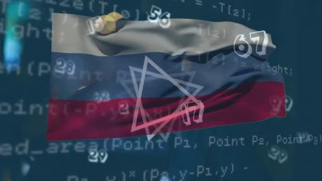 animation of shapes over male hacker, data processing and flag of russia