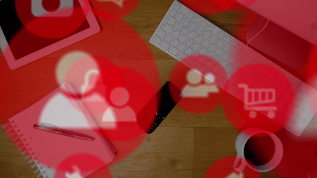 스마트 폰과 키보드를 통해 온라인 디지털 아이콘의 애니메이션