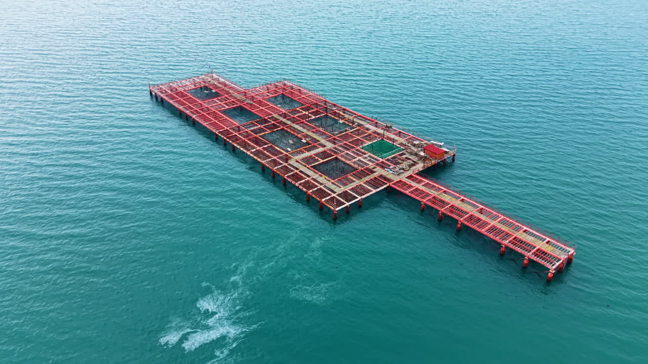 Mussel farm located in the sea with structures spread across the water at a specific time of day