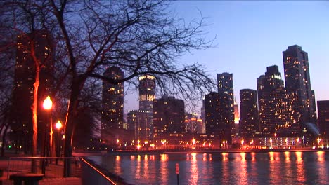 goldenhour view of downtown skyscrapers from chicago's lakefront