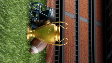 american football concept with trophy and helmet on the field, 3d illustration vertical