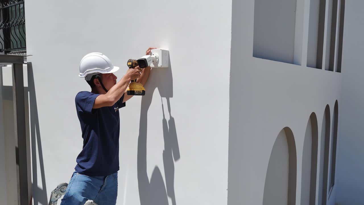 Man installing a security camera on the exterior of a white building