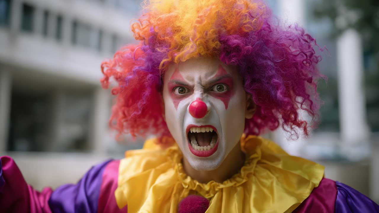 Vibrant and Intense Clown Expressing Emotions with Colorful Hair and Makeup in an Urban Setting, Captivating View of the Performer’s Dramatic Persona