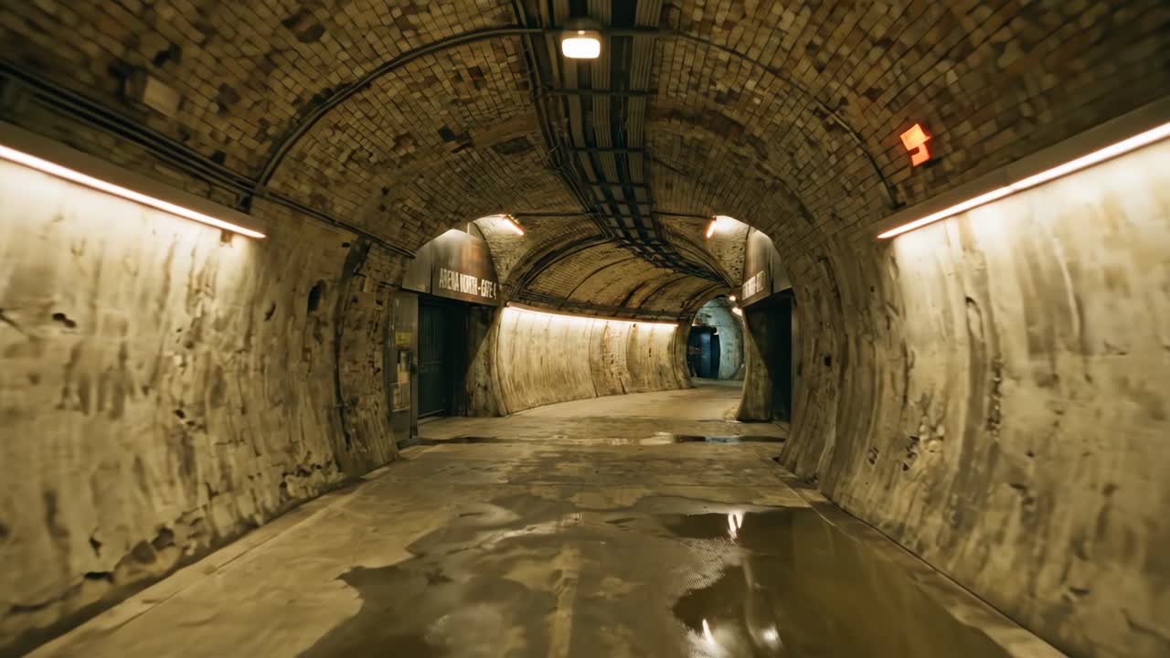 Tomada em primeira pessoa: Movimento através de um antigo túnel subterrâneo arqueado