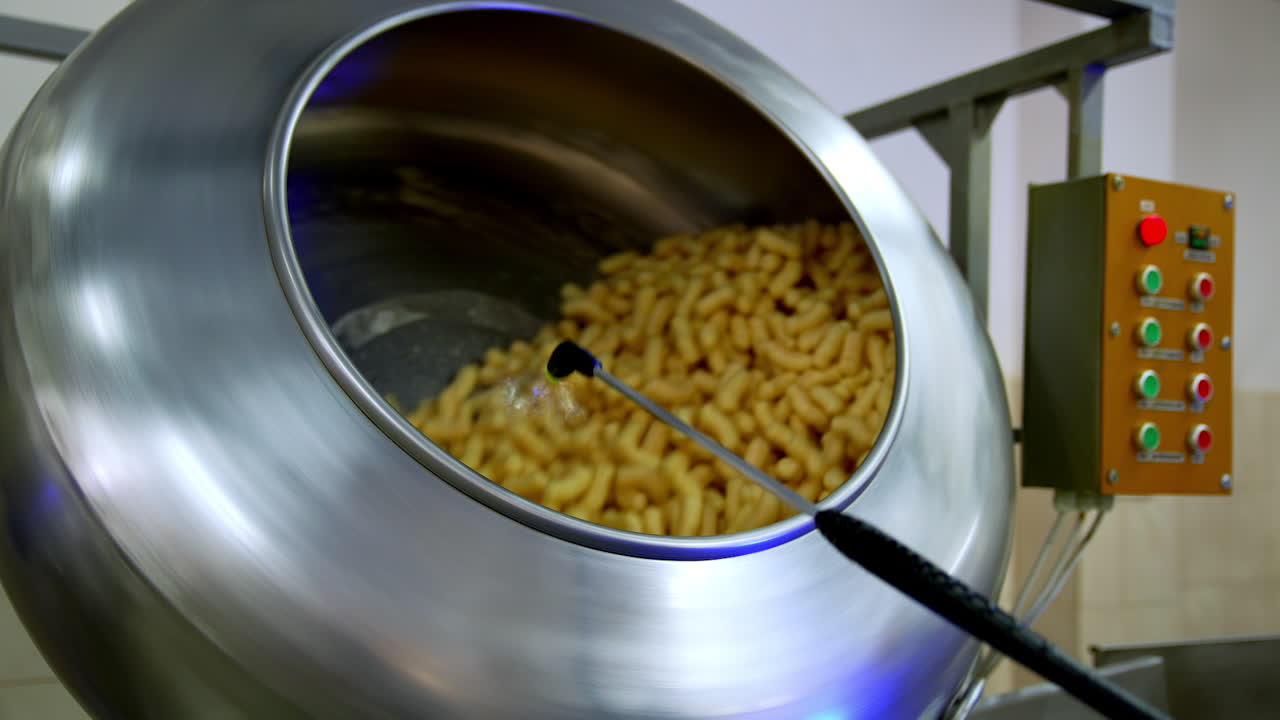Long stick device spreading sugar glazing on the snacks. Metal tank rotating to cover the sticks with sugar thoroughly.