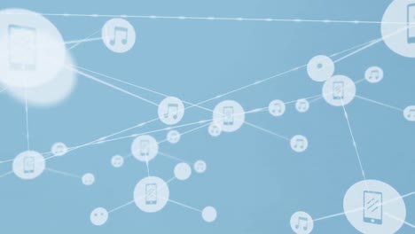 animation of network of digital icons over rugby players throwing the ball up in the sky at stadium