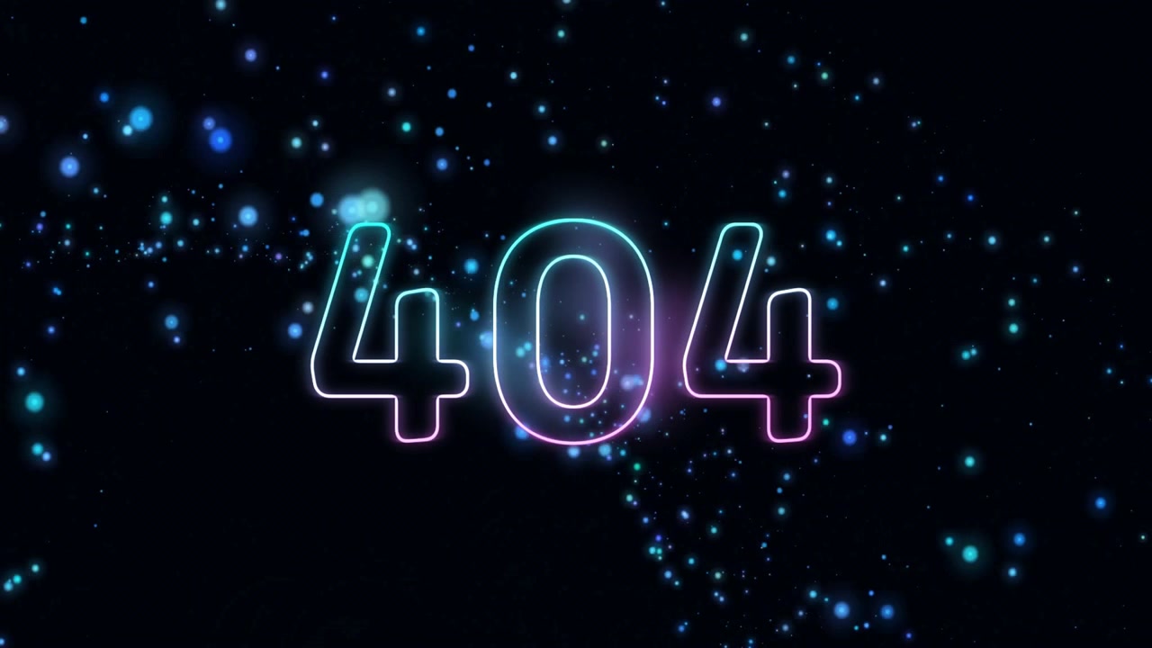 Dark frame showing dim cyan violet dots causing neon 404 outline glowing with drifting particles