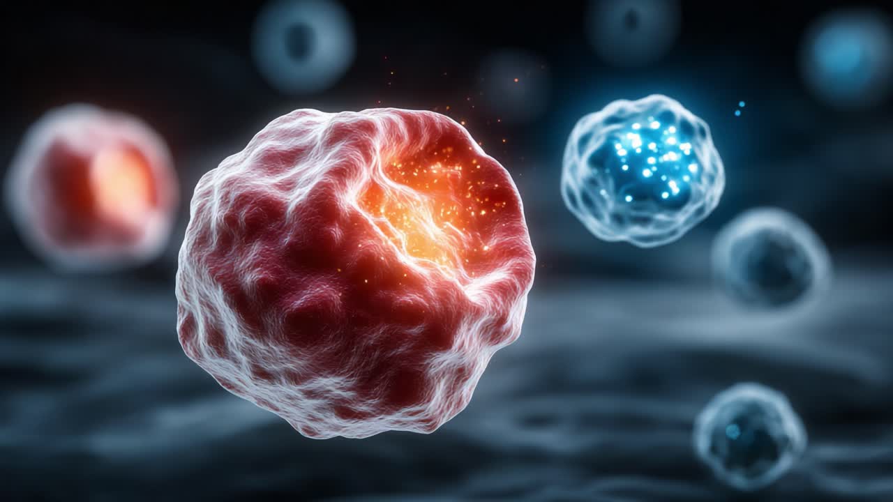 A Stunning Visualization of Cellular Processes Highlighting Dynamic Interactions Among Red and Blue Cells in a Microscopic Environment