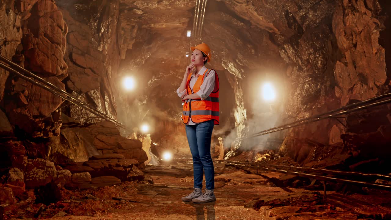 Full Body Side View Of Asian Female Engineer With Safety Helmet Thinking And Looking Around Then Raising Her Index Finger In Underground Mine Tunnel