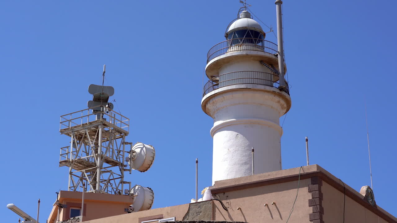 Close up of Cabo de Gata lighthouse in Almeria, Spain. Zoom out