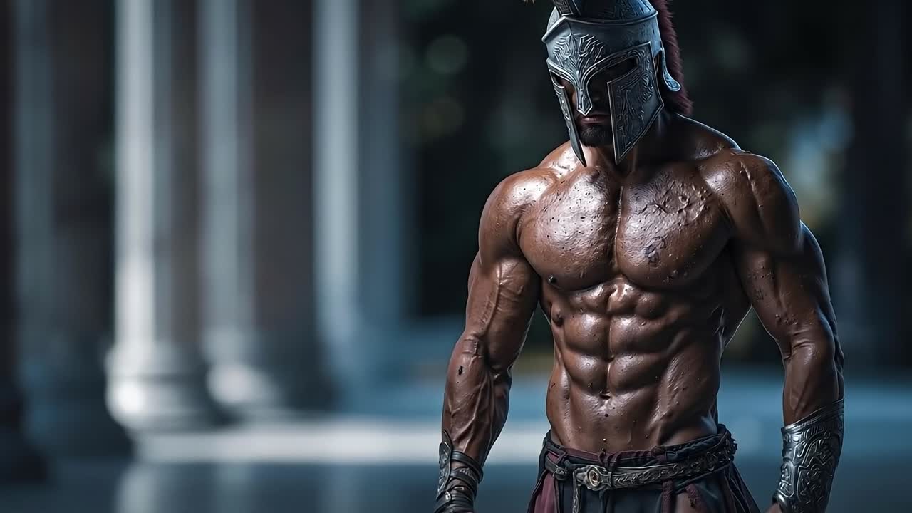 A man in a spartan costume standing in front of a building