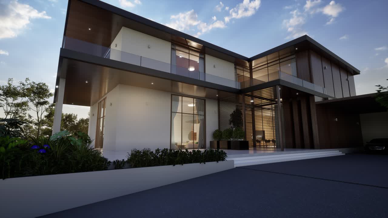 Exterior moderno de casa de lujo con luz vespertina