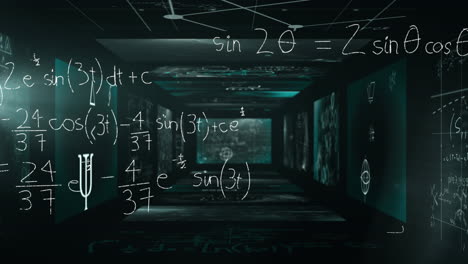 Animation-of-mathematical-equations-over-black-background