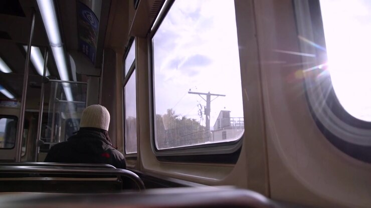 A person commuting by train in the morning.